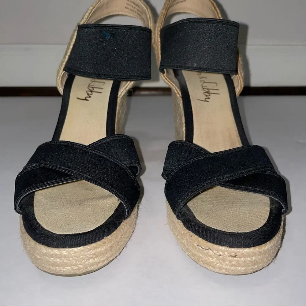 San & Libby Espadrille Wedge Sandals Black Strappy Women's Size 8